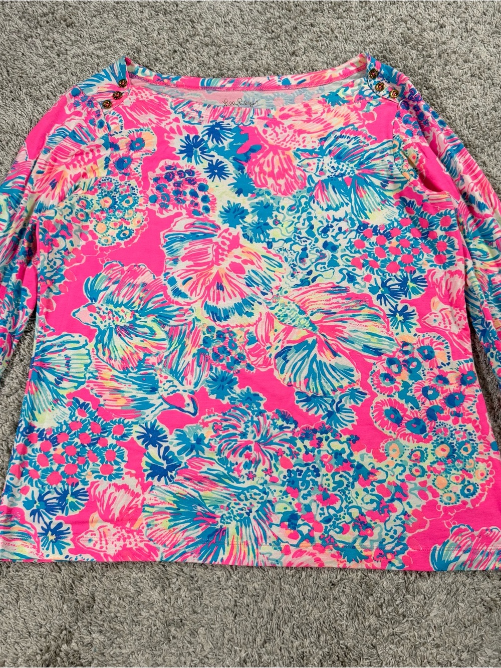 Lilly Pulitzer Alinda Top Womens XL Blue Pink Betta Fish & Coral Gold Buttons